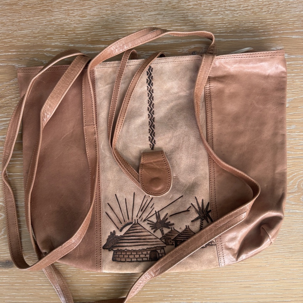 Everyday Tan Leather Tote with Village Embossed Detail